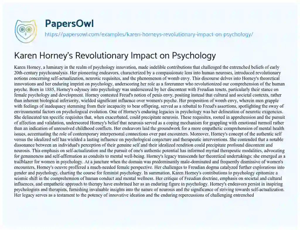 Essay on Karen Horney’s Revolutionary Impact on Psychology