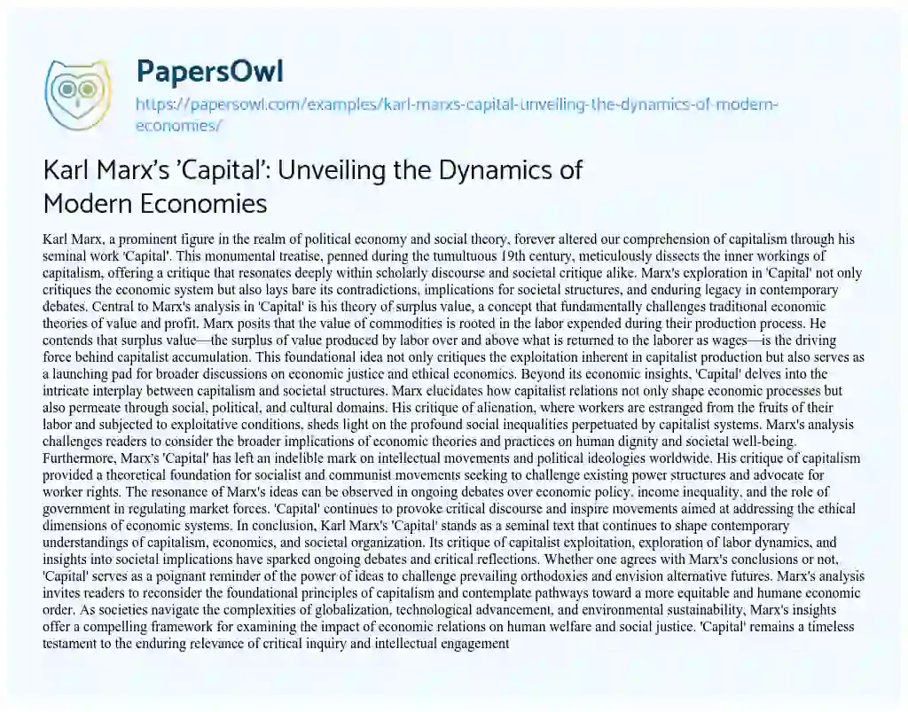 Essay on Karl Marx’s ‘Capital’: Unveiling the Dynamics of Modern Economies