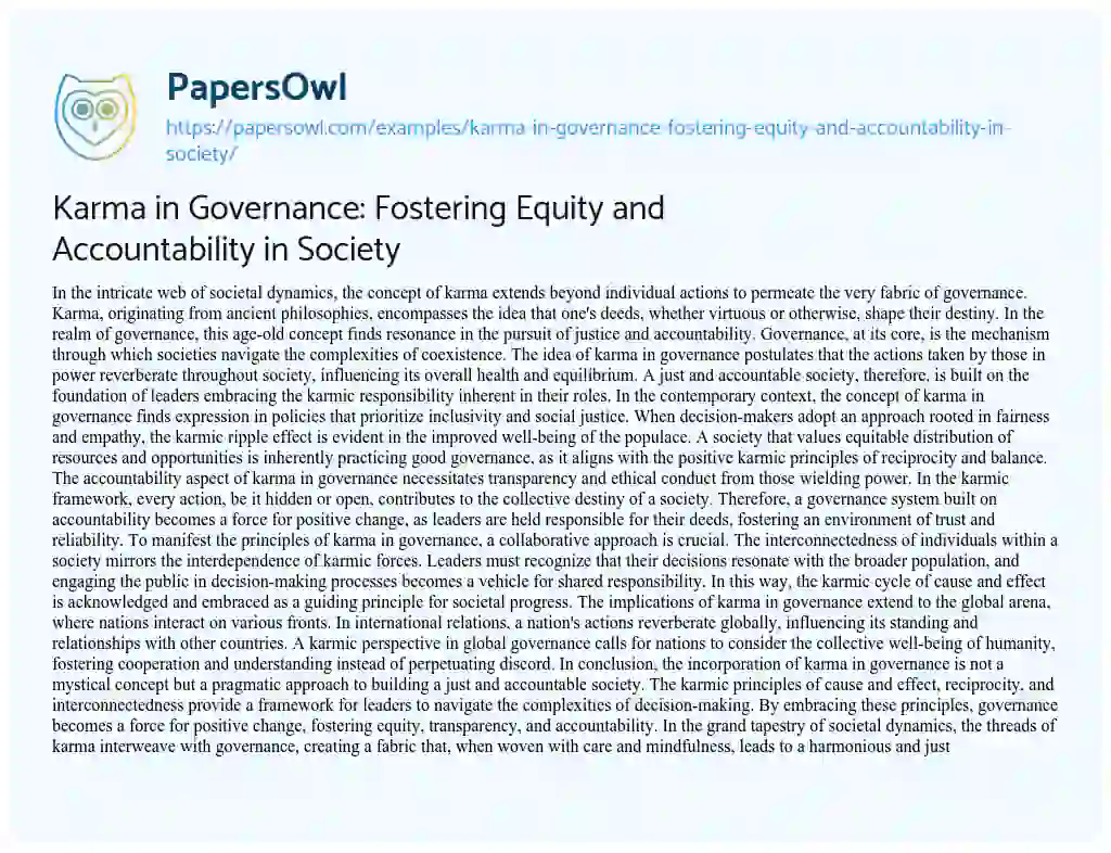 Essay on Karma in Governance: Fostering Equity and Accountability in Society