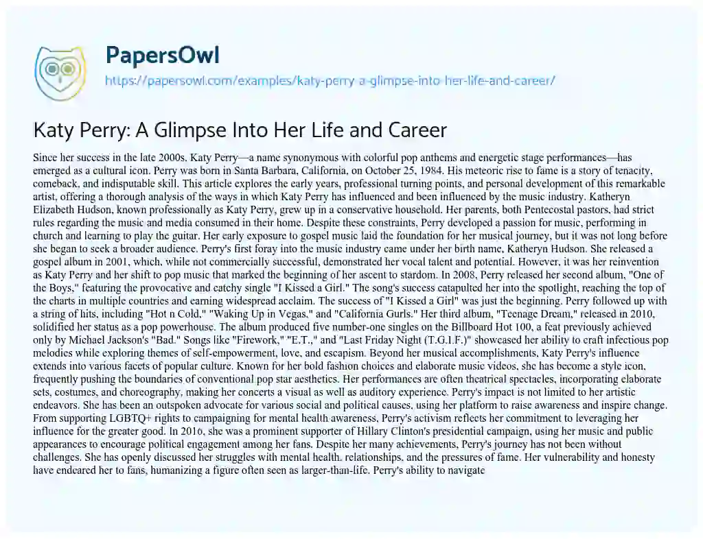 Essay on Katy Perry: a Glimpse into her Life and Career