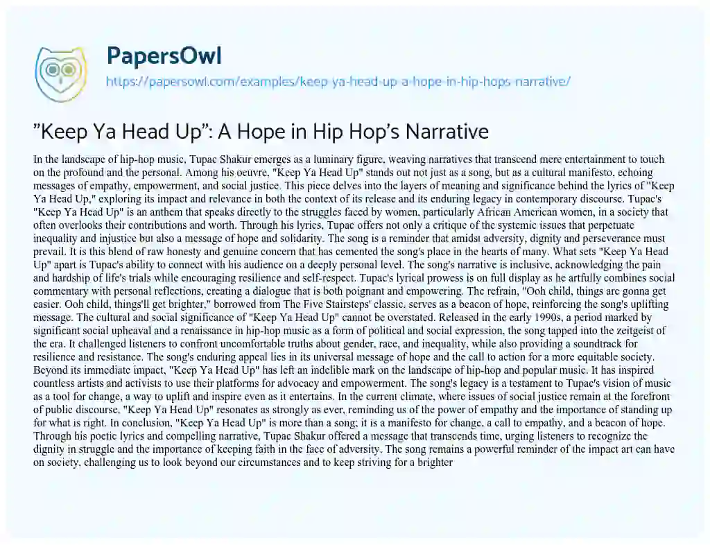 Essay on “Keep Ya Head Up”: a Hope in Hip Hop’s Narrative