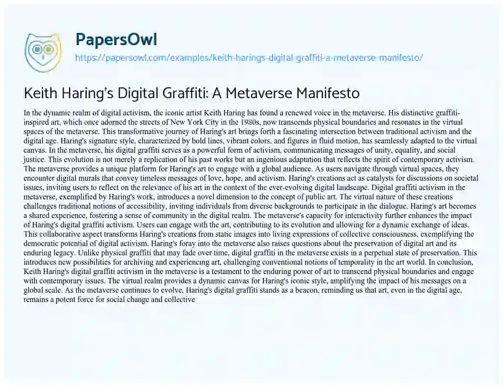 Essay on Keith Haring’s Digital Graffiti: a Metaverse Manifesto