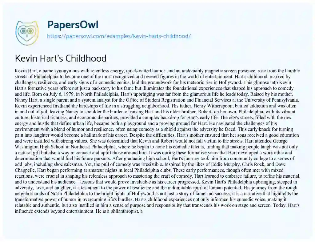 Essay on Kevin Hart’s Childhood
