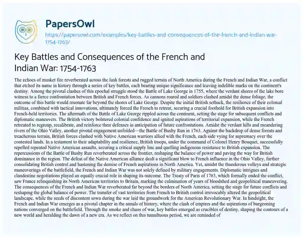 Essay on Key Battles and Consequences of the French and Indian War: 1754-1763