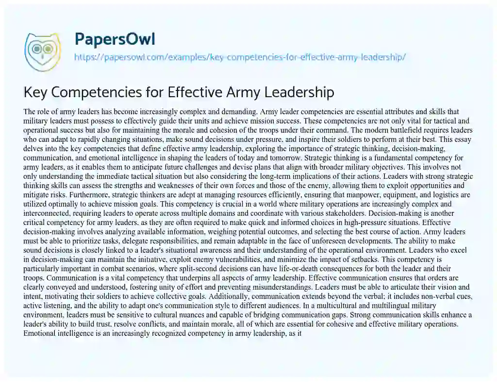 Essay on Key Competencies for Effective Army Leadership