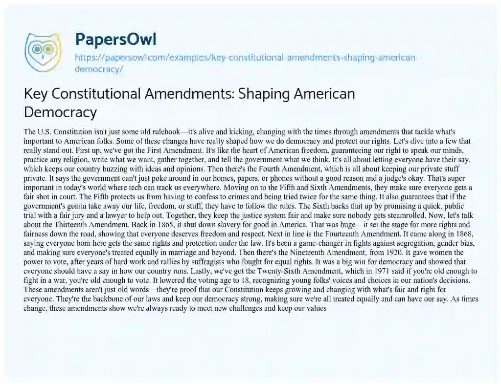 Essay on Key Constitutional Amendments: Shaping American Democracy