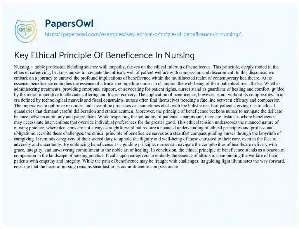 Essay on Key Ethical Principle of Beneficence in Nursing