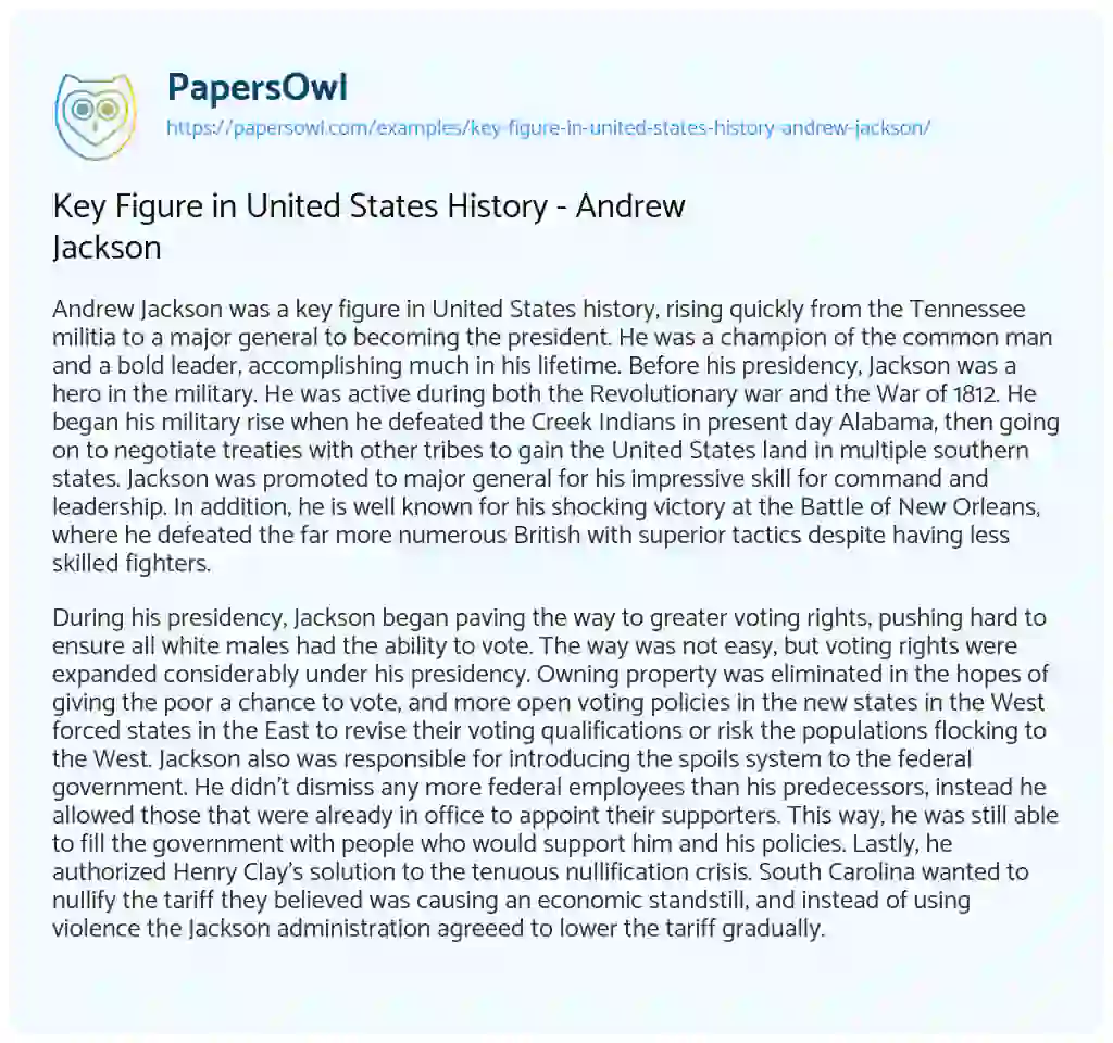 Key Figure in United States History – Andrew Jackson essay