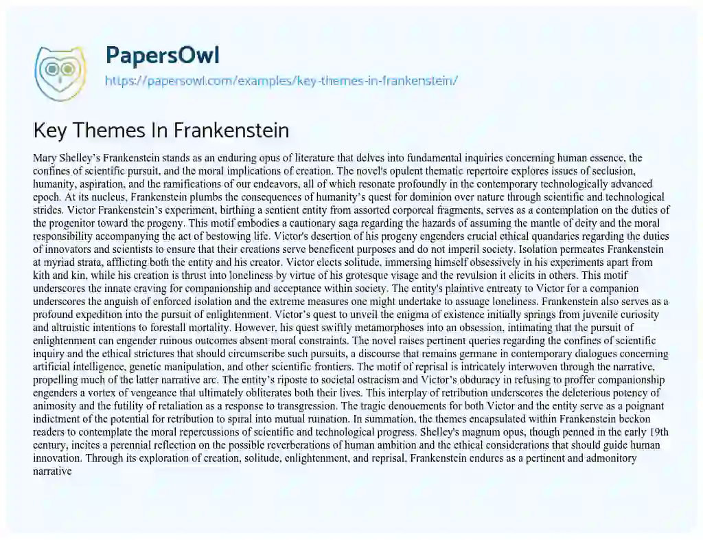 Essay on Key Themes in Frankenstein