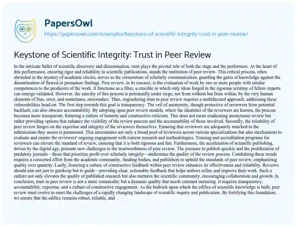 Essay on Keystone of Scientific Integrity: Trust in Peer Review