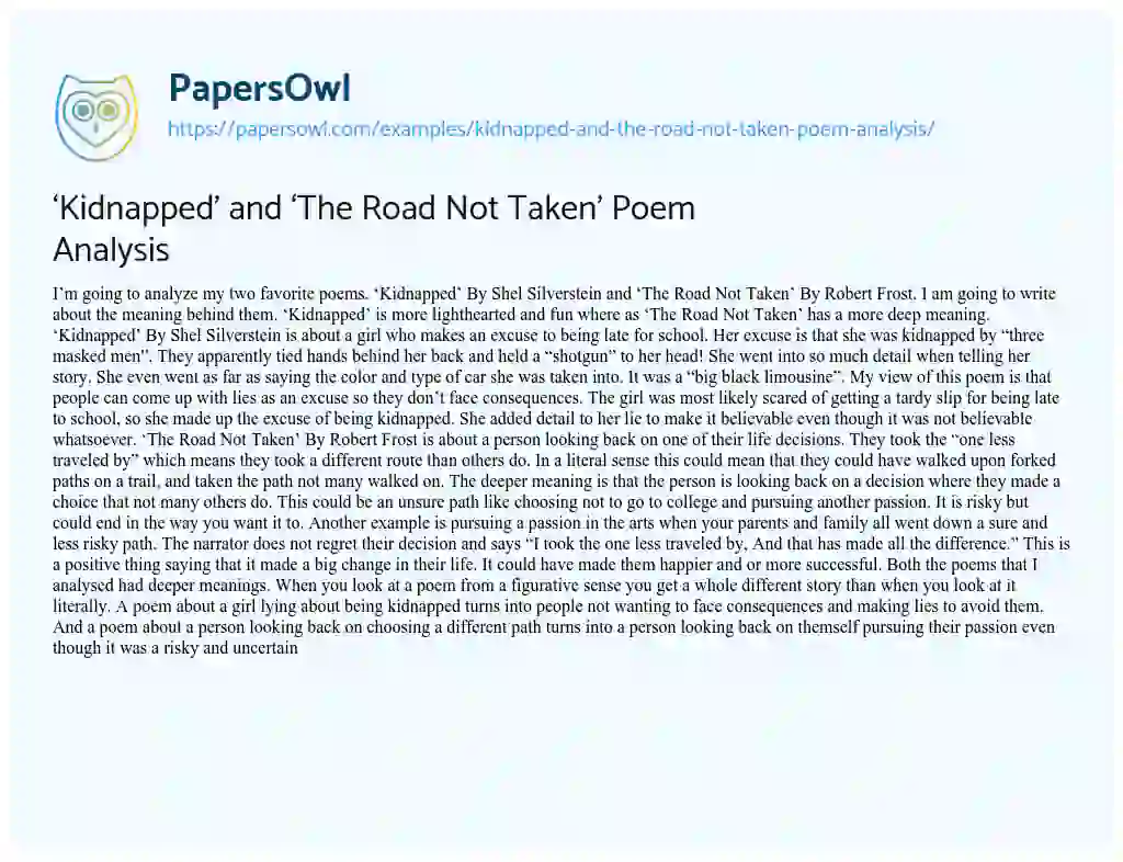 ‘Kidnapped’ and ‘The Road not Taken’ Poem Analysis essay