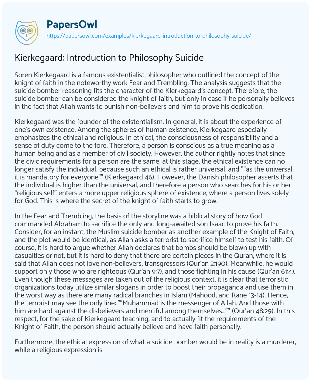 Essay on Kierkegaard: Introduction to Philosophy Suicide