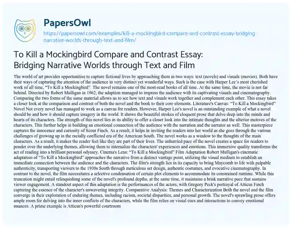 Essay on To Kill a Mockingbird Compare and Contrast Essay: Bridging Narrative Worlds through Text and Film