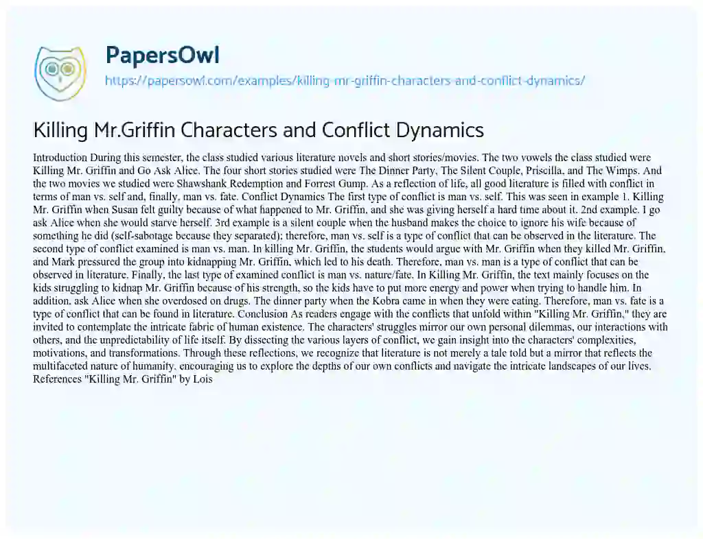 Essay on Killing Mr.Griffin Characters and Conflict Dynamics