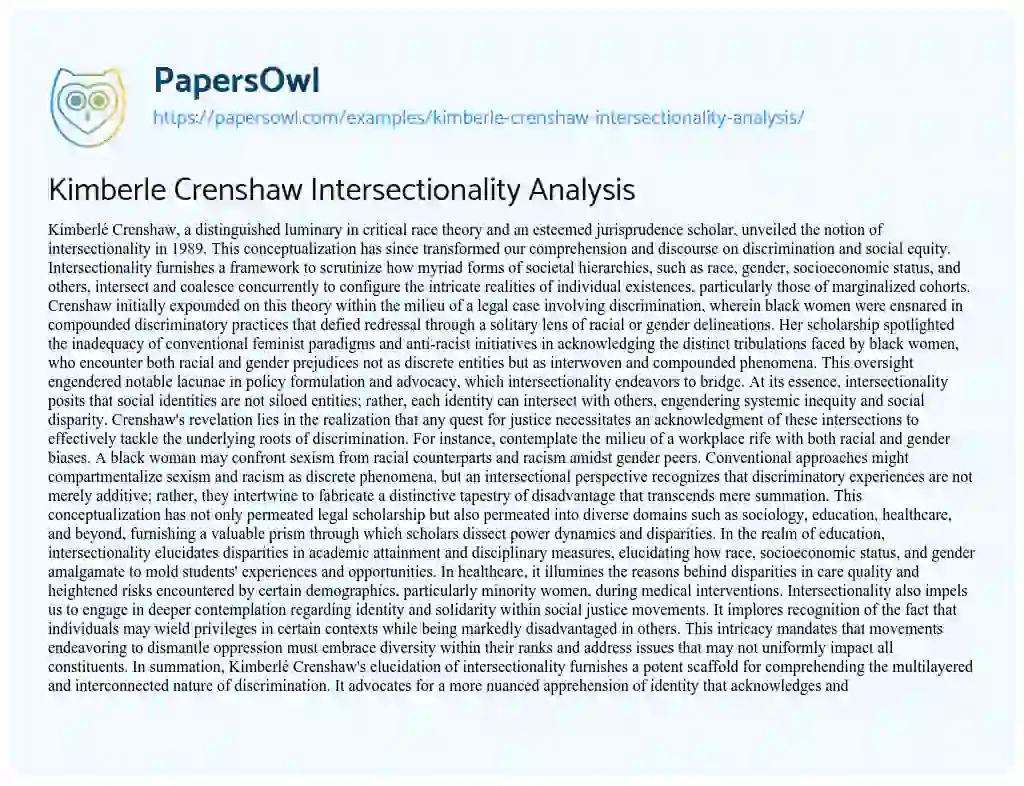 Essay on Kimberle Crenshaw Intersectionality Analysis