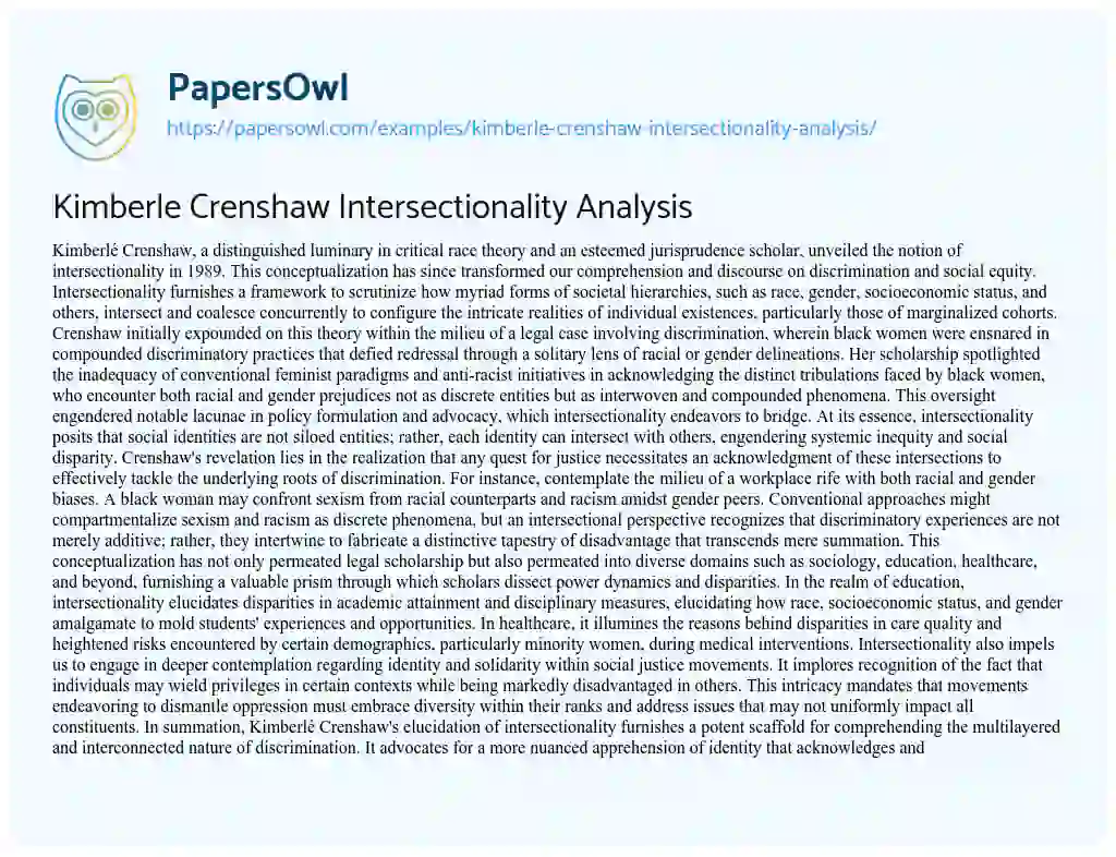 Kimberle Crenshaw Intersectionality Analysis - Free Essay Example - 499 ...