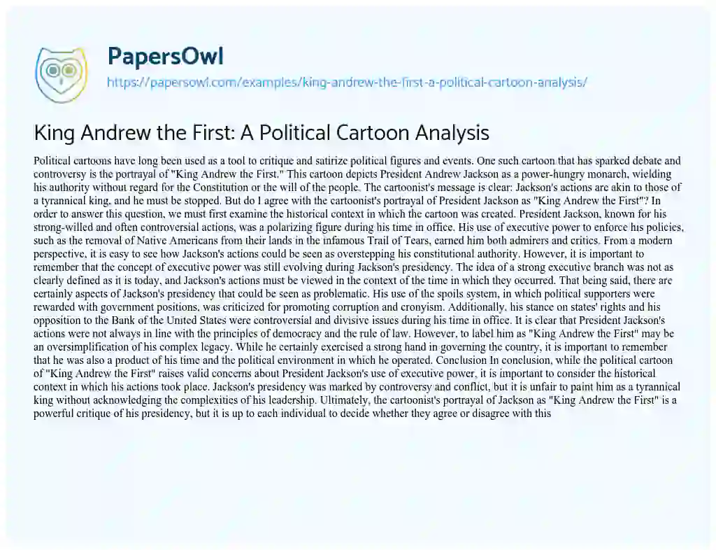 Essay on King Andrew the First: A Political Cartoon Analysis