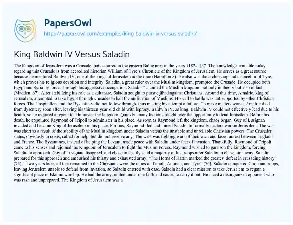 Essay on King Baldwin IV Versus Saladin