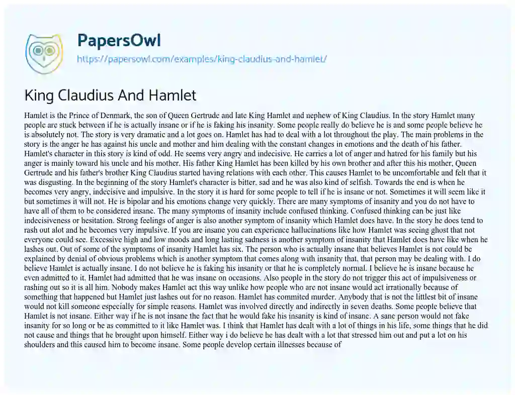 Essay on King Claudius and Hamlet