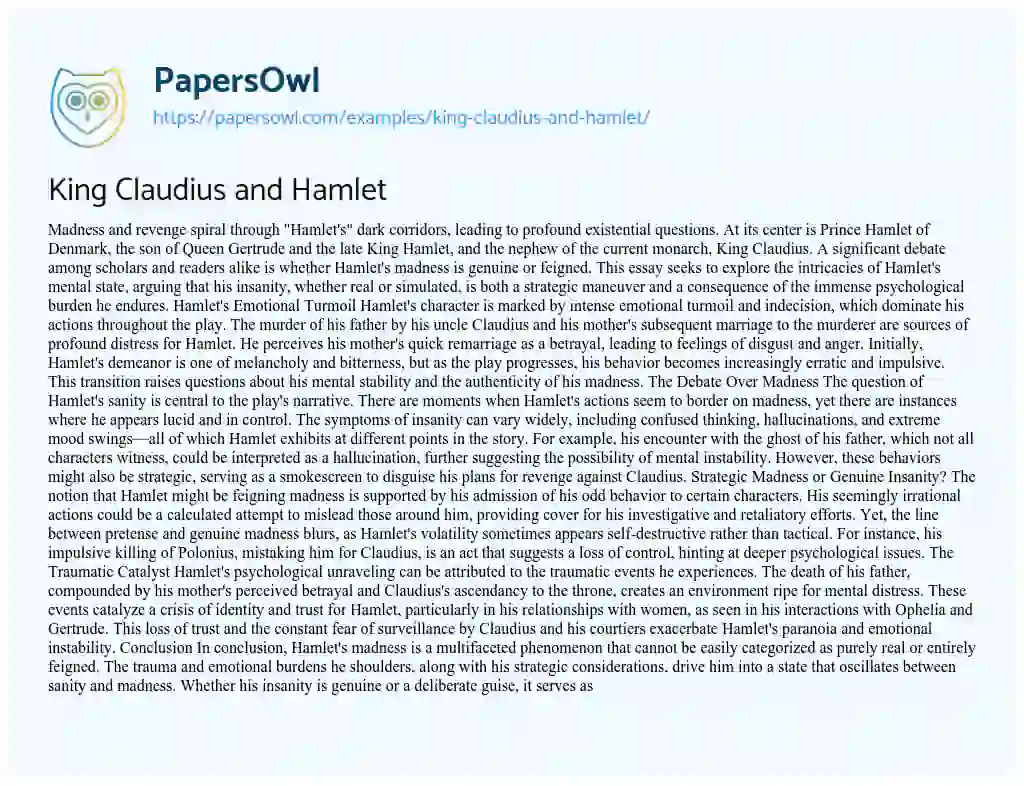 Essay on King Claudius and Hamlet