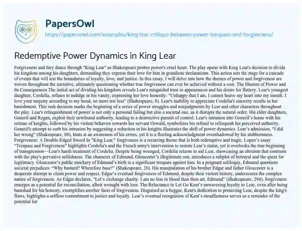 Essay on King Lear: Critique between Power, Trespass and Forgiveness