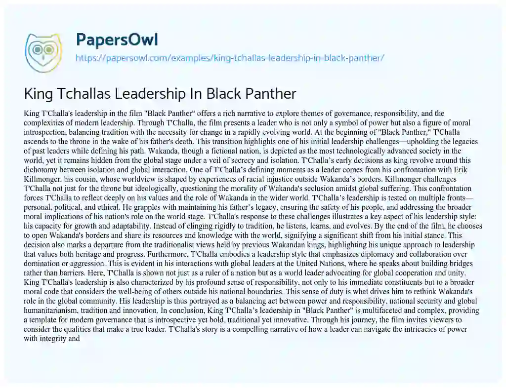 Essay on King Tchallas Leadership in Black Panther