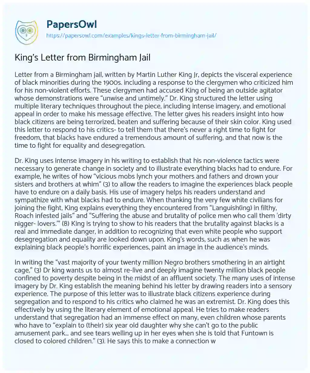 Essay on King’s Letter from Birmingham Jail