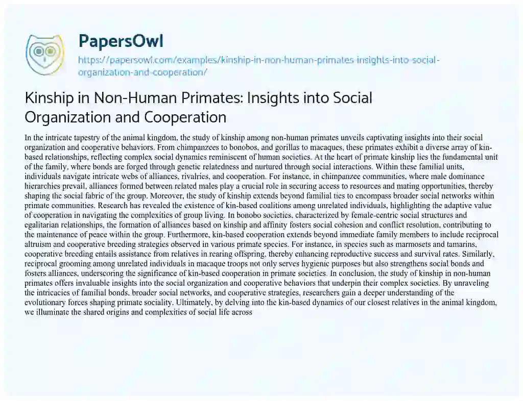 Essay on Kinship in Non-Human Primates: Insights into Social Organization and Cooperation