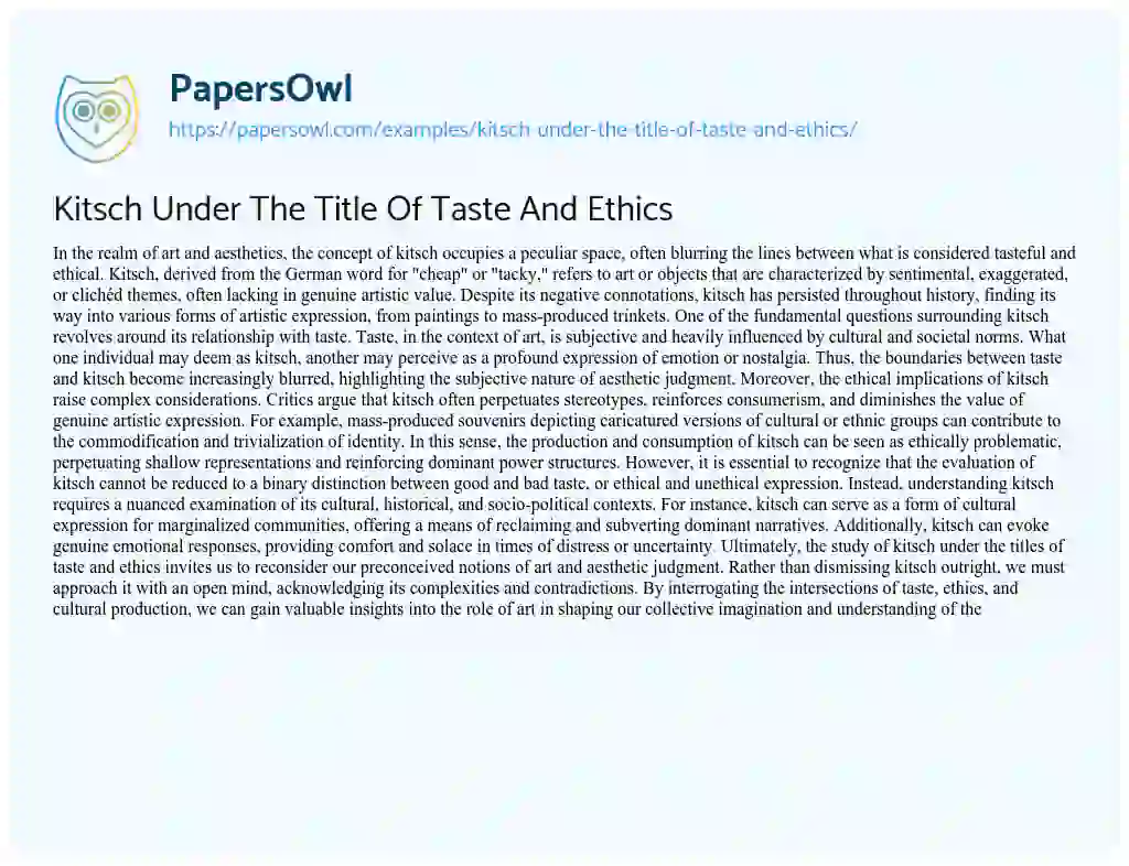 Essay on Kitsch under the Title of Taste and Ethics