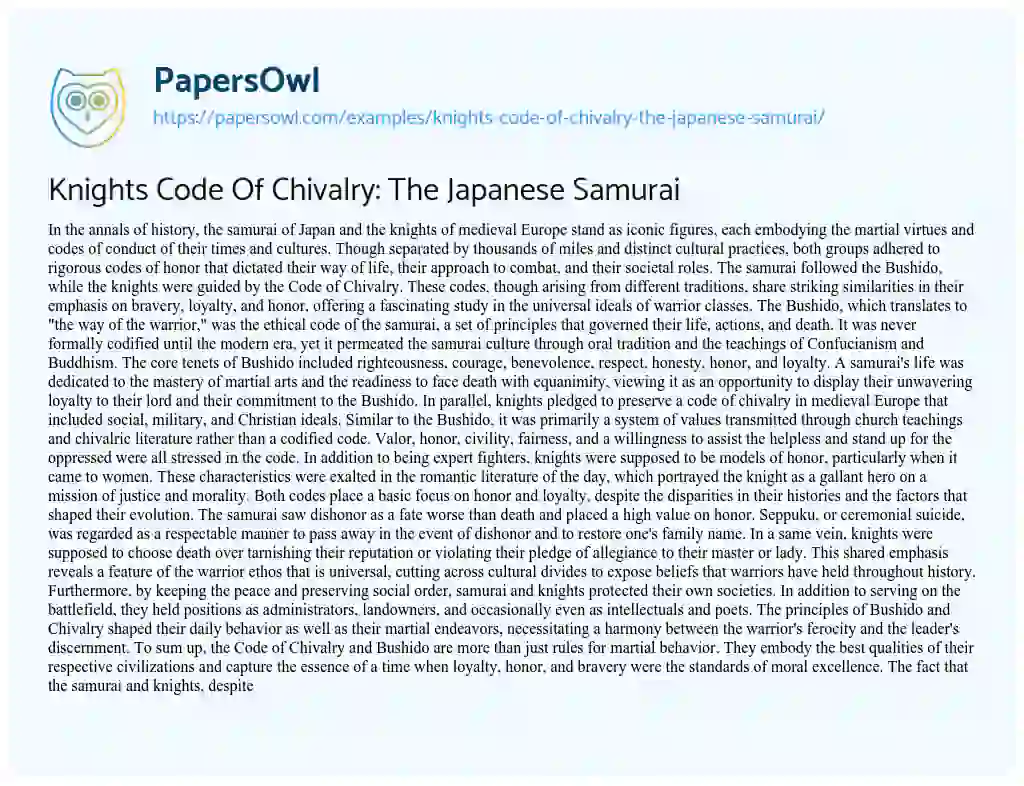 Essay on Knights Code of Chivalry: the Japanese Samurai