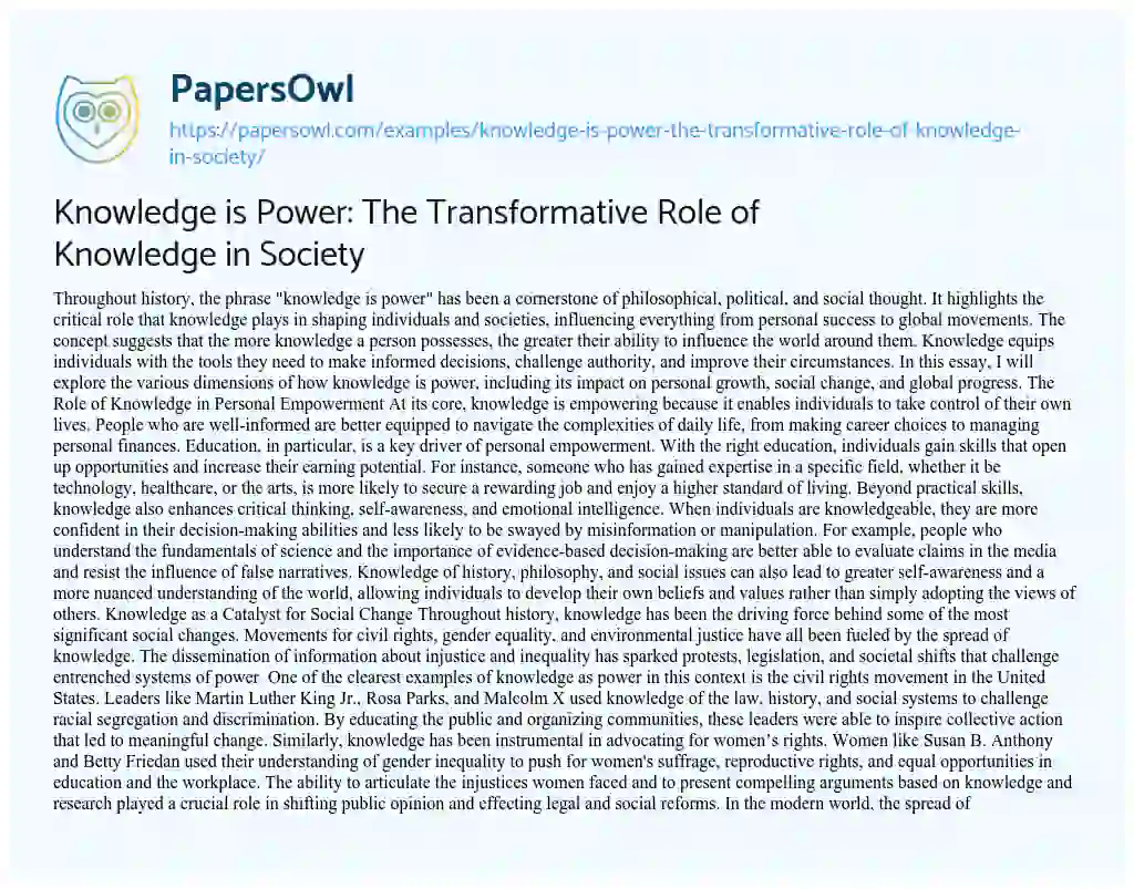 Essay on Knowledge is Power: The Transformative Role of Knowledge in Society
