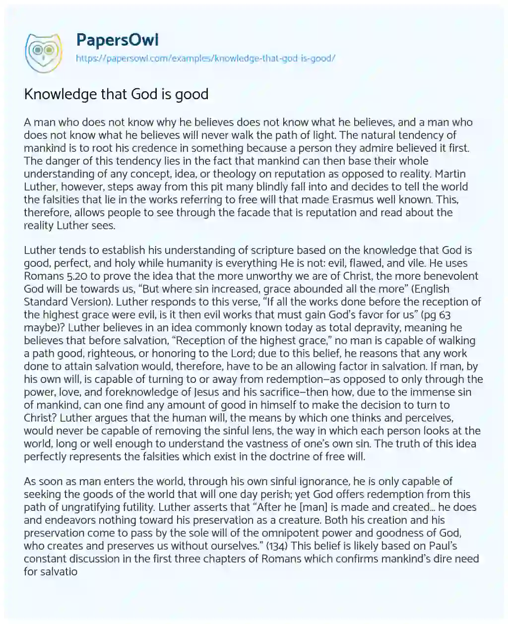 Knowledge that God is Good essay