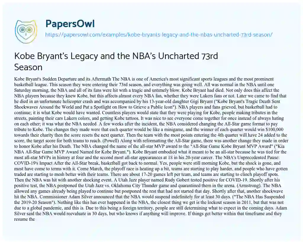 Essay on Kobe Bryant’s Legacy and the NBA’s Uncharted 73rd Season