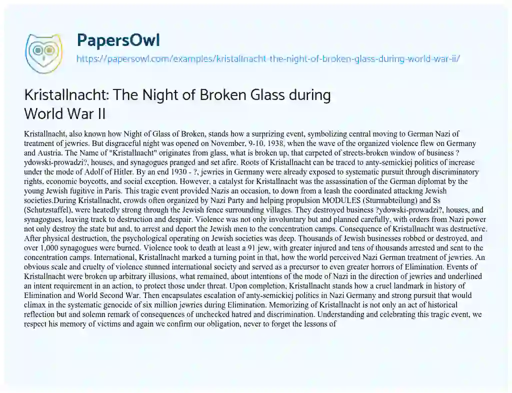 Essay on Kristallnacht: the Night of Broken Glass during World War II