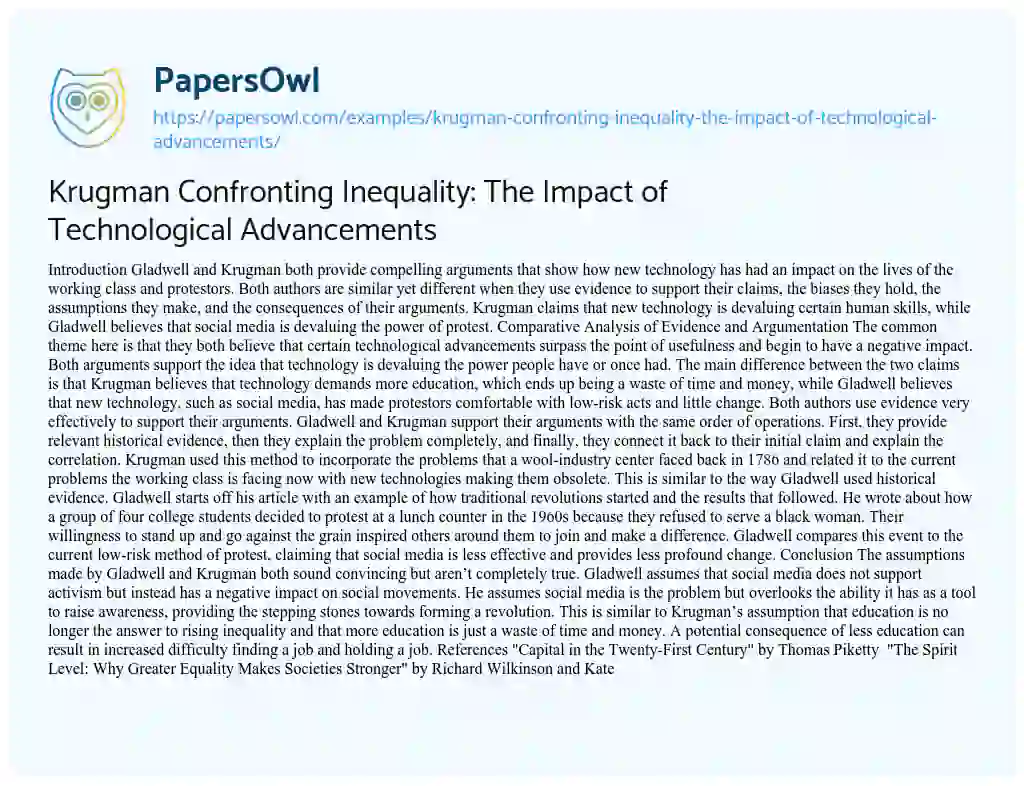 Essay on Krugman Confronting Inequality: the Impact of Technological Advancements