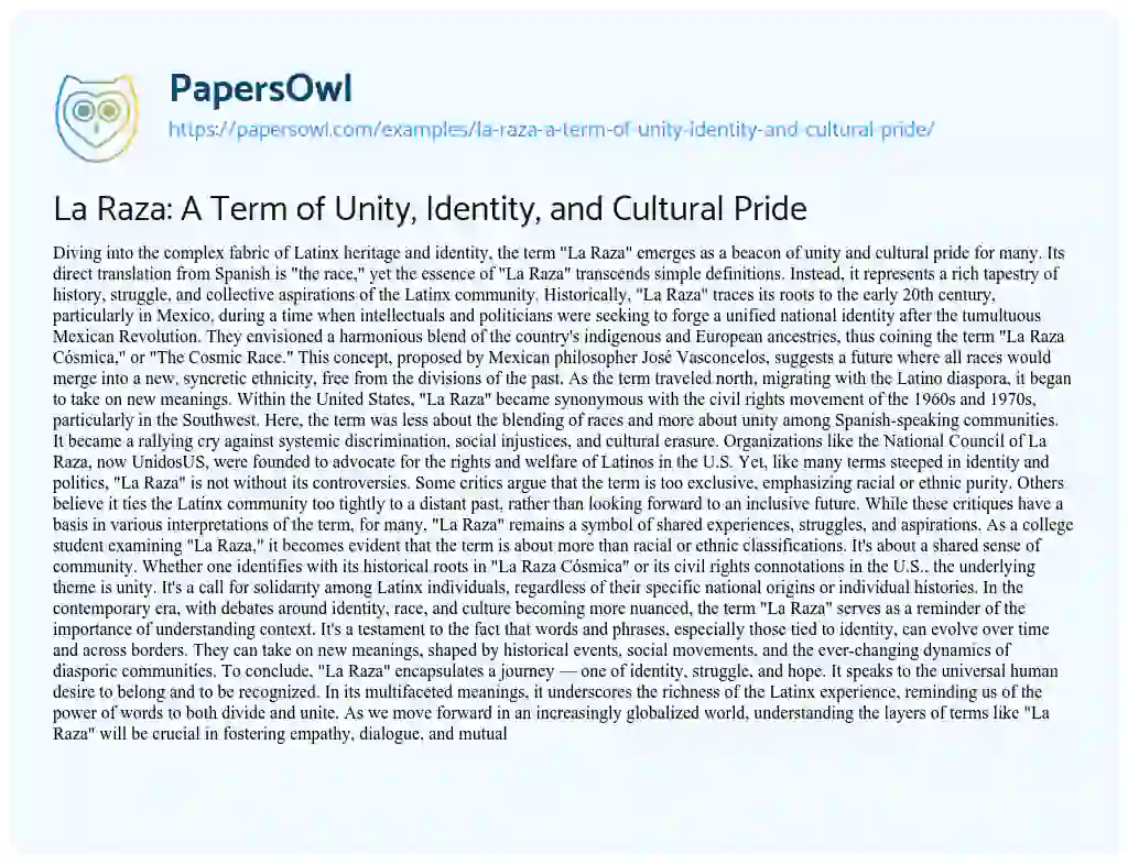 Essay on La Raza: a Term of Unity, Identity, and Cultural Pride