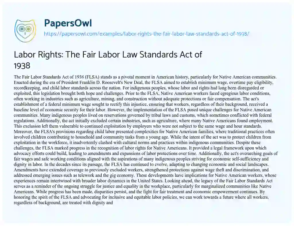 Essay on Labor Rights: the Fair Labor Law Standards Act of 1938