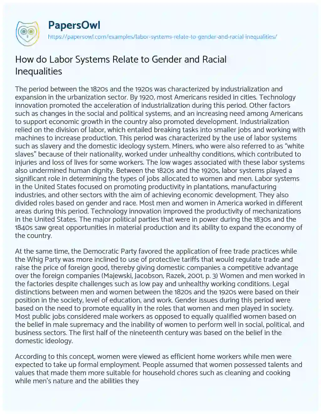 Essay on How do Labor Systems Relate to Gender and Racial Inequalities