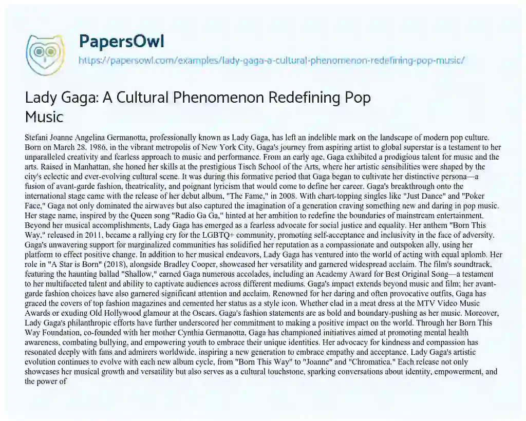 Essay on Lady Gaga: a Cultural Phenomenon Redefining Pop Music