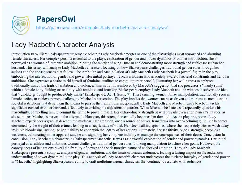 essay on lady macbeth character