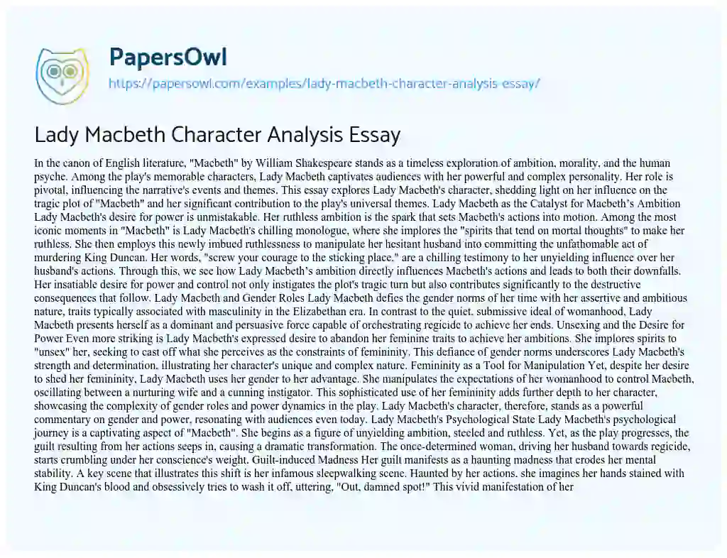 Essay on Lady Macbeth Character Analysis Essay