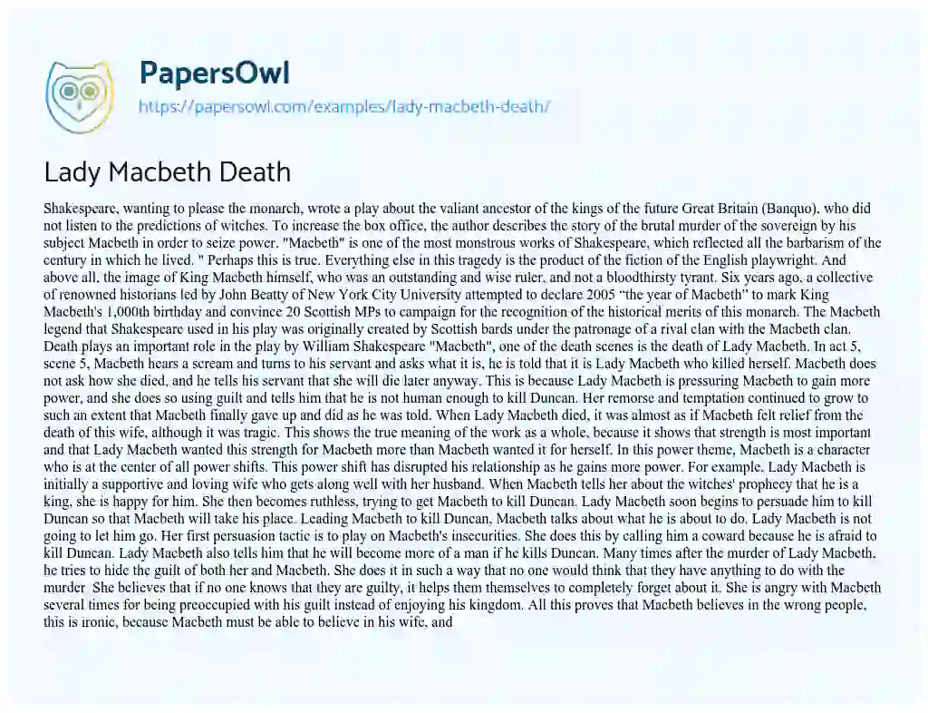 Essay on Lady Macbeth Death