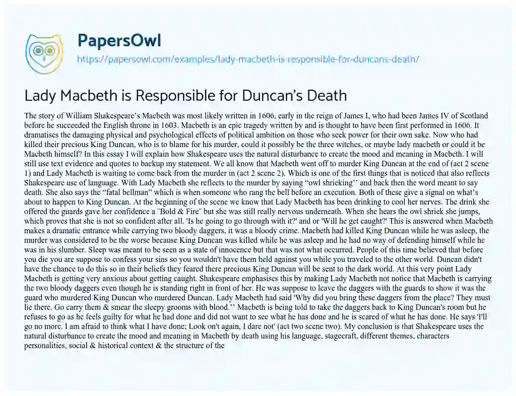 Essay on Lady Macbeth is Responsible for Duncan’s Death
