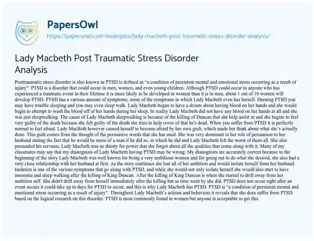 Essay on Lady Macbeth Post Traumatic Stress Disorder Analysis