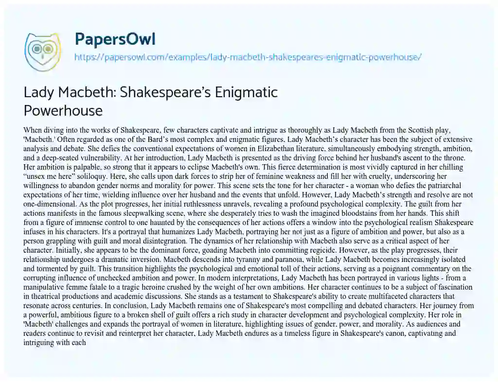 Essay on Lady Macbeth: Shakespeare’s Enigmatic Powerhouse