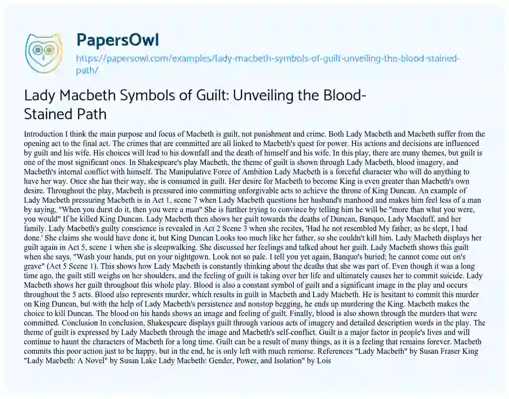 Essay on Lady Macbeth Symbols of Guilt: Unveiling the Blood-Stained Path