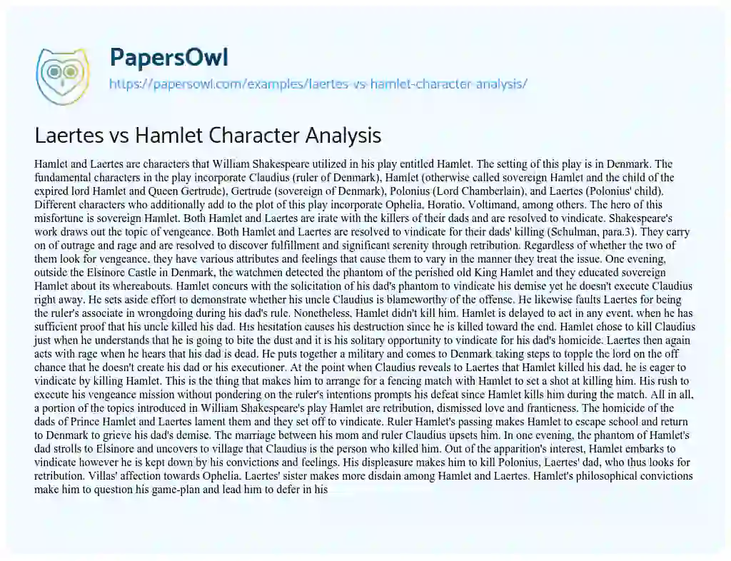 Essay on Laertes Vs Hamlet Character Analysis
