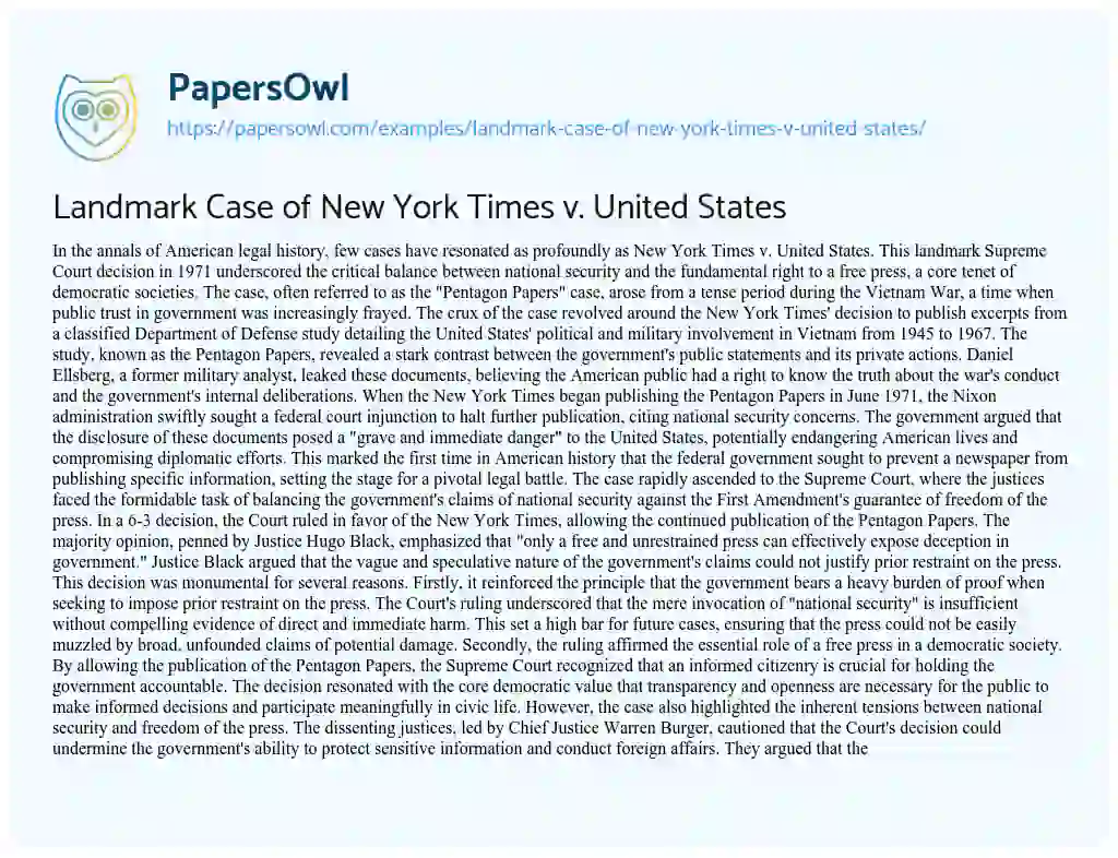Essay on Landmark Case of New York Times v. United States