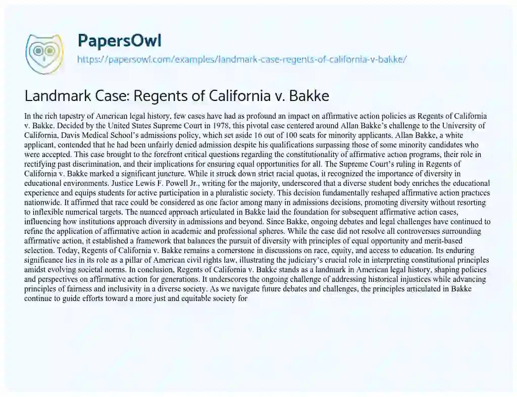 Essay on Landmark Case: Regents of California V. Bakke