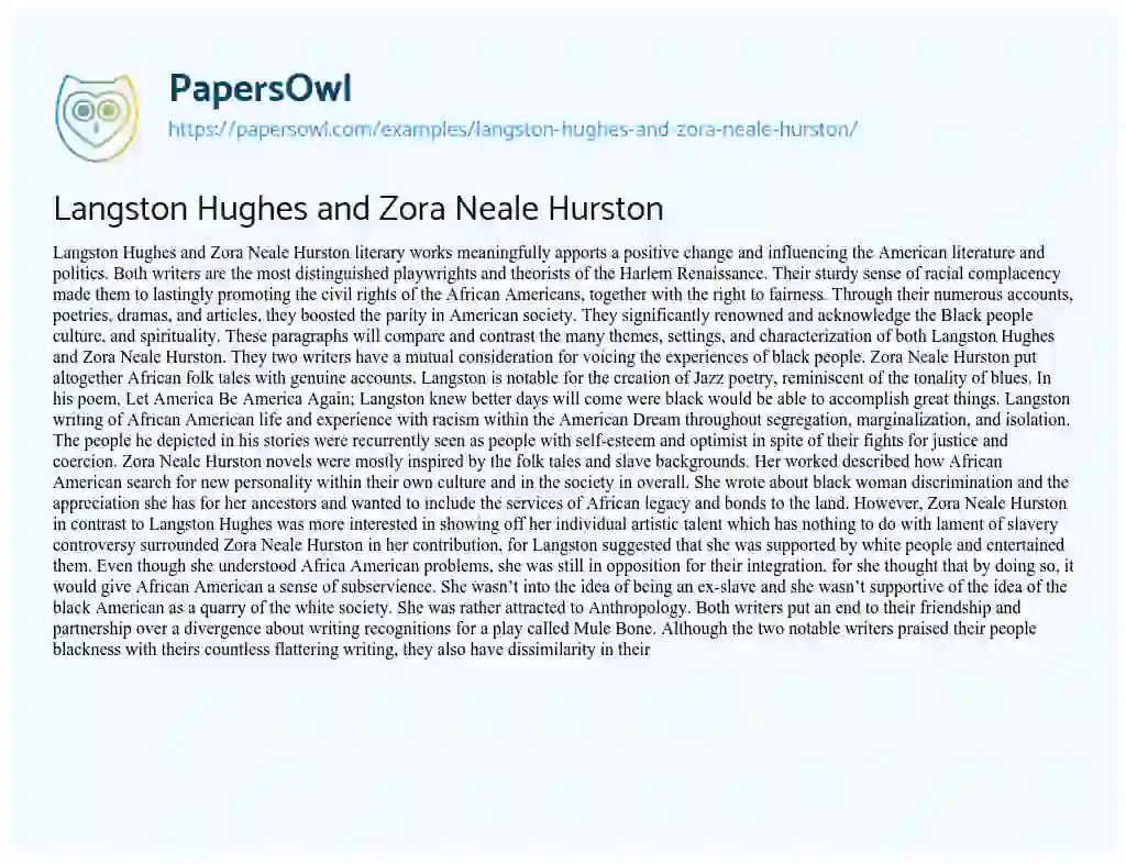 Langston Hughes and Zora Neale Hurston essay